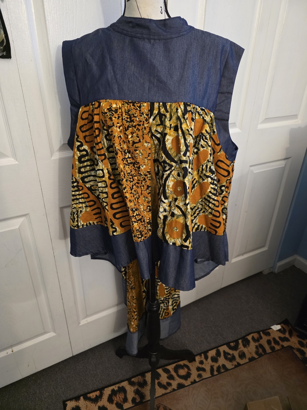 Boho Patchwork Denim Hi Low Top with Mustard African Print